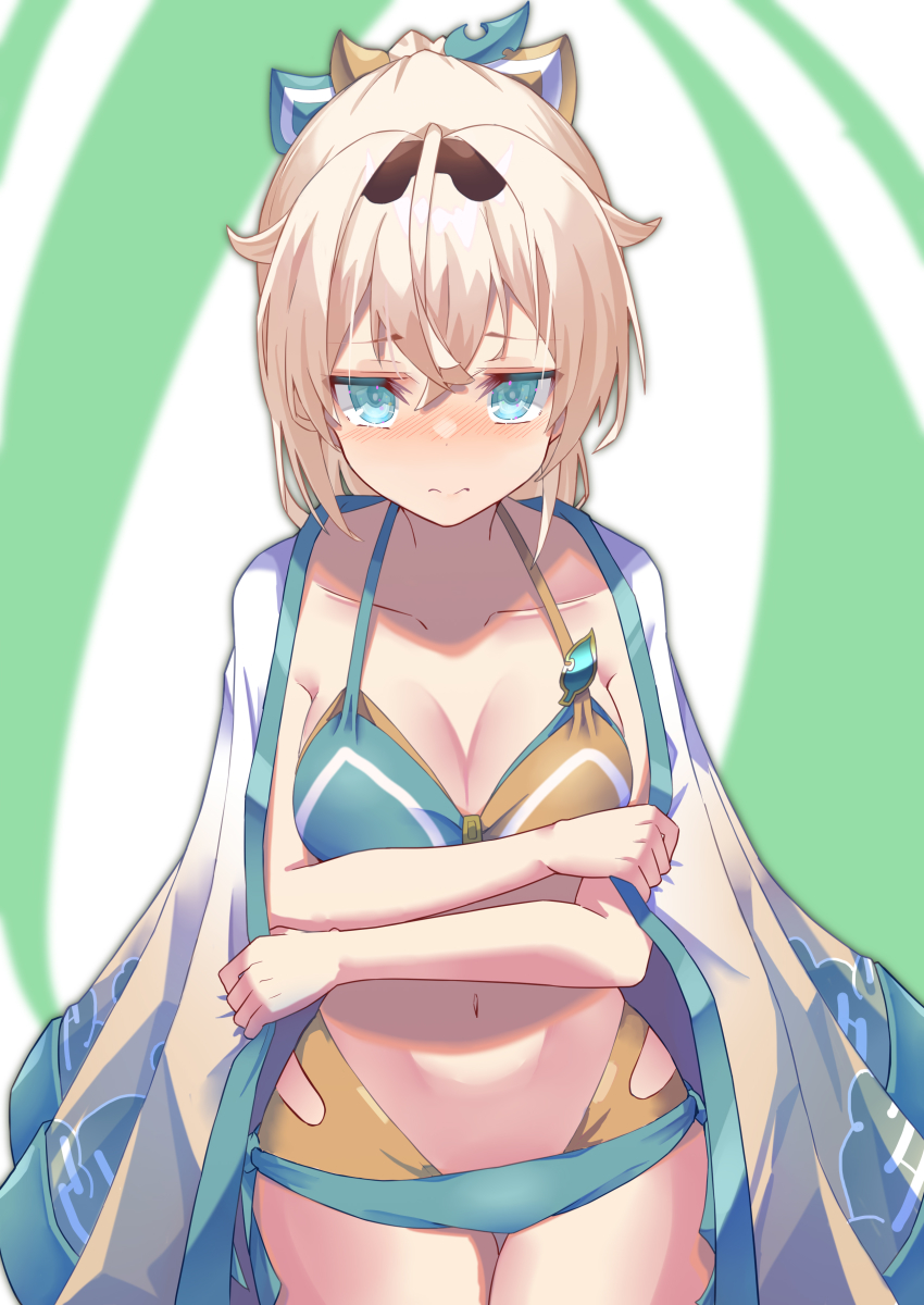1girl, absurdres, aqua_eyes, bikini, blonde_hair, blush, breasts, embarrassed