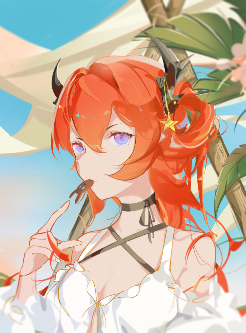 1girl, absurdres, arknights, bare_shoulders, bikini_top_under_shirt, bikini_under_clothes, black_choker, blue_eyes, blue_sky, breasts, choker, cleavage, criss-cross_halter, day, detached_sleeves, food_in_mouth, hair_ornament, halterneck, hanyue, highres, horns, long_hair, long_sleeves, looking_at_viewer, mouth_hold, official_alternate_costume, outdoors, red_hair, sky, small_breasts, solo, star_(symbol), star_hair_ornament, surtr_(arknights), surtr_(colorful_wonderland)_(arknights), swimsuit, swimsuit_under_clothes, upper_body