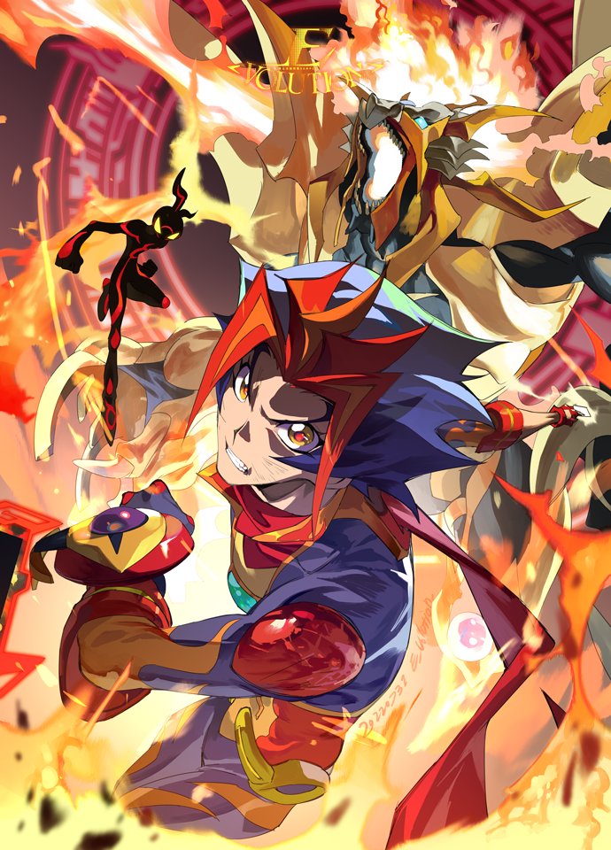 1boy, artist_name, blue_eyes, blue_hair, card, clenched_teeth, commentary, cropped_legs, dated, duel_disk, duel_monster, e_volution, fire, flame_(yu-gi-oh!_vrains), holding, holding_card, homura_takeru, long_sleeves, looking_at_viewer, multicolored_hair, open_mouth, orange_hair, red_scarf, salamangreat_heatleo, scarf, sharp_teeth, soulburner, teeth, yellow_eyes, yu-gi-oh!, yu-gi-oh!_vrains