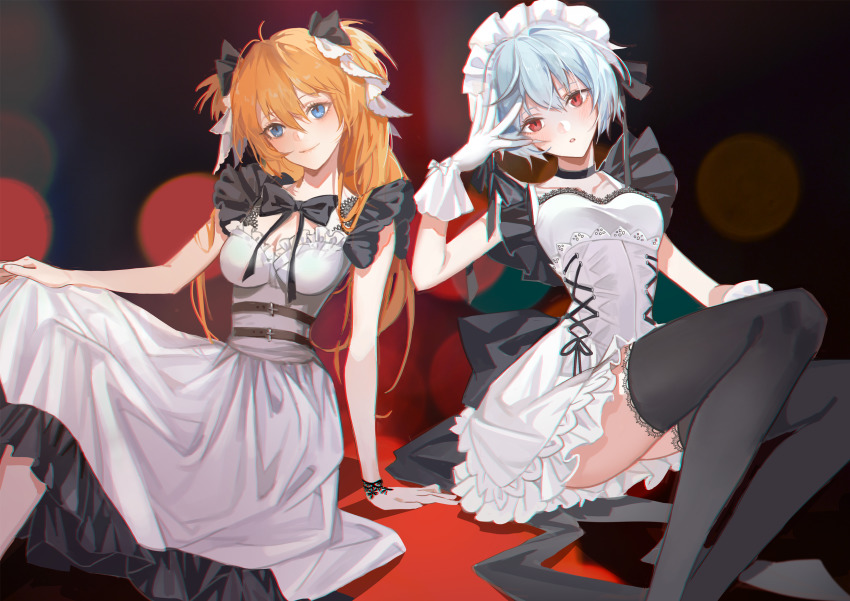 2girls, alternate_costume, ayanami_rei, black_bow, black_bowtie, black_choker, black_thighhighs, blue_eyes