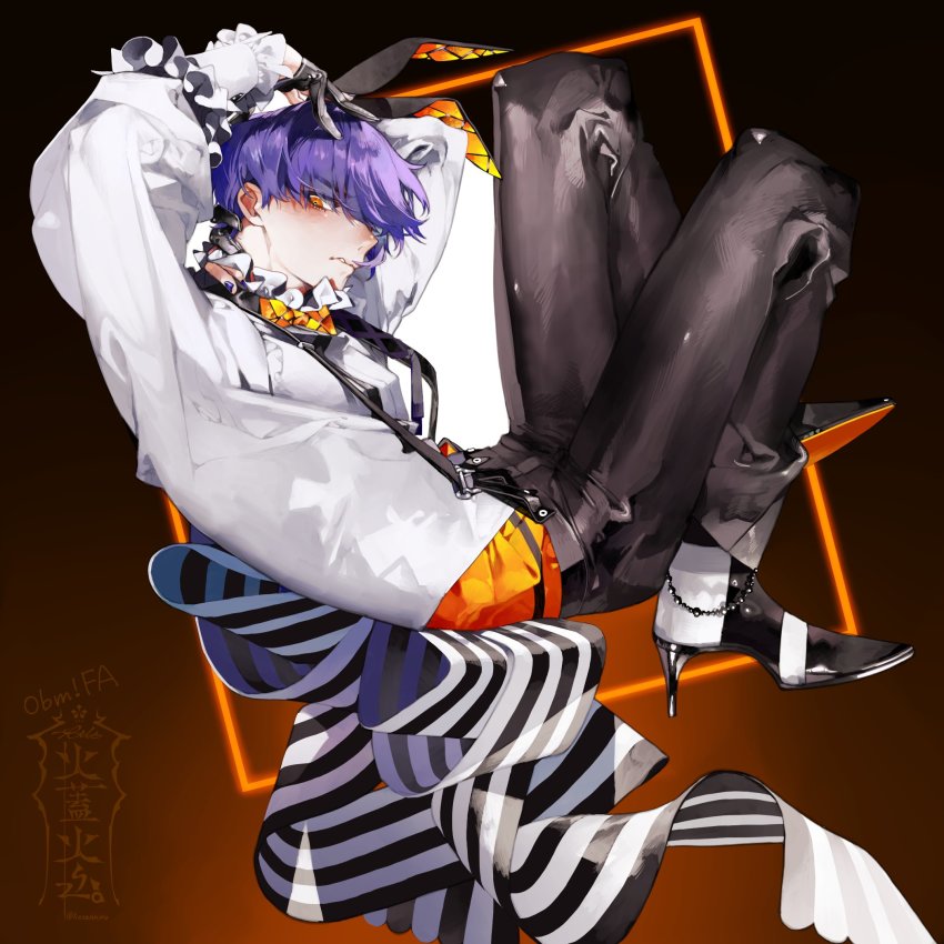 1boy, animal_ears, black_background, black_pants, blouse, blue_hair, blue_nails, blush