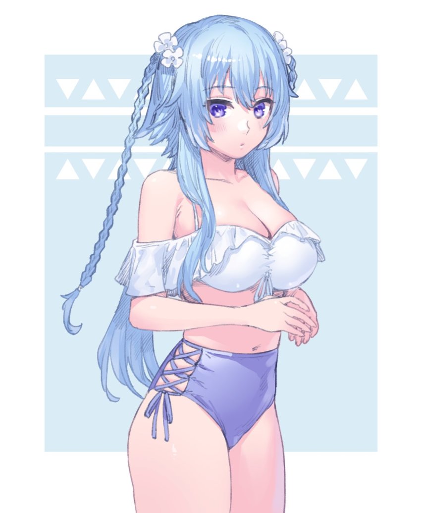 1girl, armpit_crease, assault_lily, bare_shoulders, bikini, blue_background, blue_hair, blush, border, braid, breasts, cleavage, closed_mouth, collarbone, commentary, cowboy_shot, cross-laced_bikini, cross-laced_clothes, flower, frilled_bikini, frills, front-tie_bikini_top, front-tie_top, hair_between_eyes, hair_flower, hair_ornament, hands_up, highres, large_breasts, long_hair, looking_at_viewer, low_ponytail, mismatched_bikini, mori_tatsuki, navel, off-shoulder_bikini, off_shoulder, outside_border, own_hands_together, patterned_background, ponytail, purple_bikini, purple_eyes, short_sleeves, side-tie_bikini_bottom, side_braids, sidelocks, solo, standing, swimsuit, tori_udon, triangle, twin_braids, very_long_hair, white_bikini, white_border, white_flower