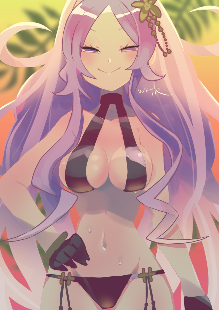 1girl, absurdres, ahoge, bare_shoulders, bikini, black_bikini, black_gloves, breasts, cleavage, collarbone, facial_mark, fate/grand_order, fate_(series), flower, forehead, forehead_mark, gloves, hair_flower, hair_ornament, half_gloves, highres, long_hair, looking_at_viewer, medium_breasts, momo_futoshi, navel, parted_bangs, ponytail, purple_eyes, purple_hair, sidelocks, smile, smug, solo, swimsuit, very_long_hair, wu_zetian_(fate), wu_zetian_(swimsuit_caster)_(fate), wu_zetian_(swimsuit_caster)_(third_ascension)_(fate)