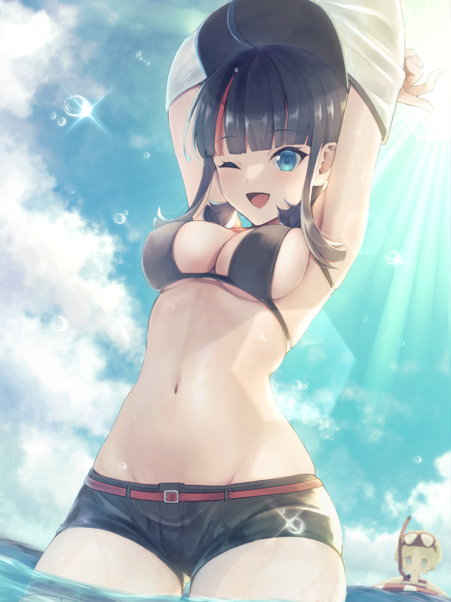 1boy, 1girl, armpits, arms_behind_head, arms_up, bare_shoulders, baseball_cap, bikini