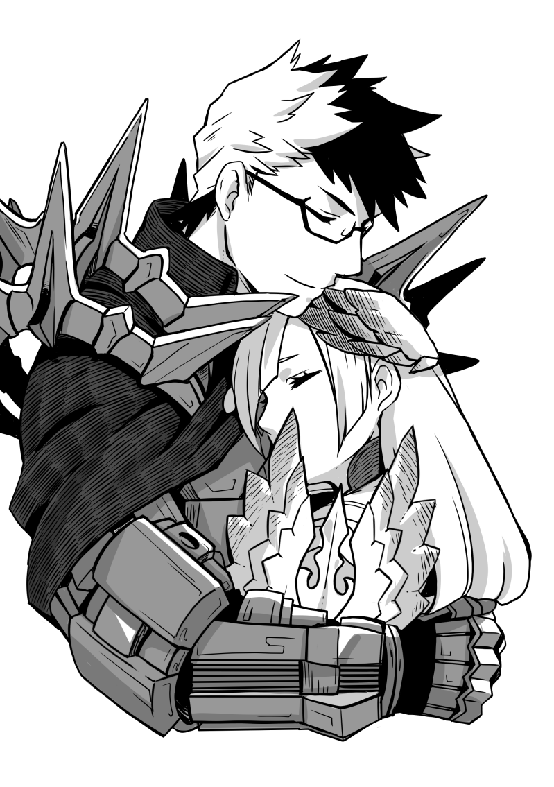 1boy, 1girl, armor, brynhild_(fate), brynhild_(third_ascension)_(fate), cloak, closed_eyes, covered_mouth, cropped_torso, fate/grand_order, fate_(series), gauntlets, glasses, greyscale, hair_ornament, haretaka, hug, long_hair, monochrome, multicolored_hair, semi-rimless_eyewear, short_hair, shoulder_armor, shoulder_spikes, sigurd_(fate), simple_background, smile, spiked_hair, spikes, two-tone_hair, white_background, wing_hair_ornament