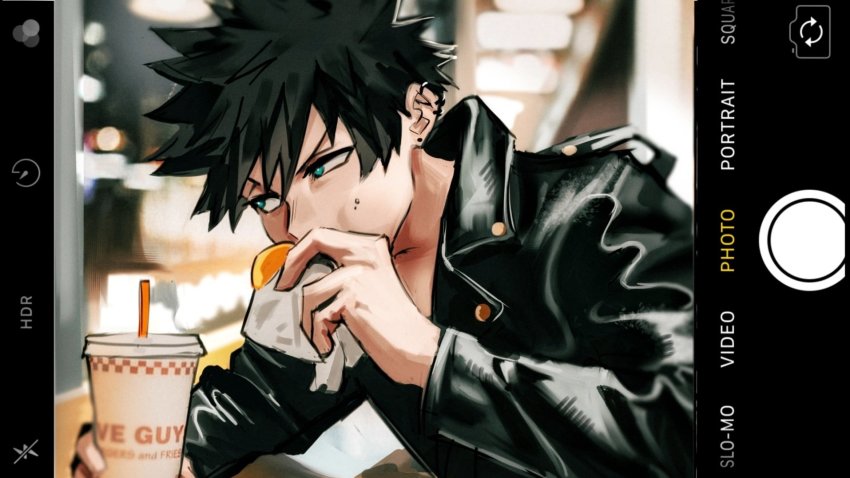 1boy, black_hair, blue_eyes, boku_no_hero_academia, burger, cellphone, commentary, dabi_(boku_no_hero_academia)