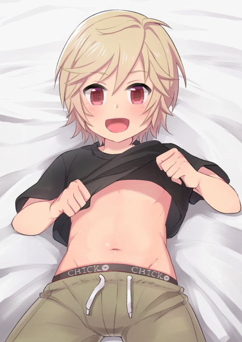 1boy, bed, black_shirt, blonde_hair, clothes_lift, commentary_request, english_text, hair_between_eyes