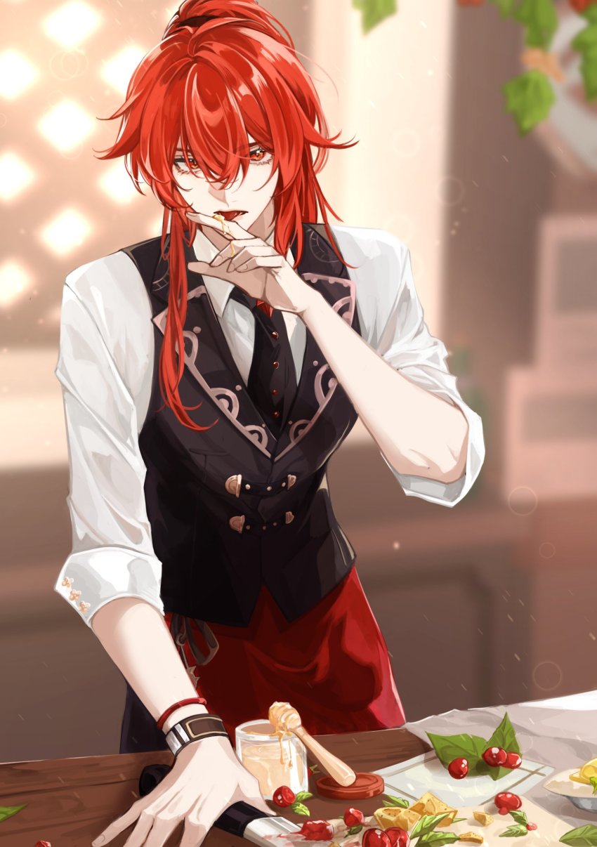 1boy, absurdres, apron, black_necktie, black_vest, blurry, blurry_background, bracelet