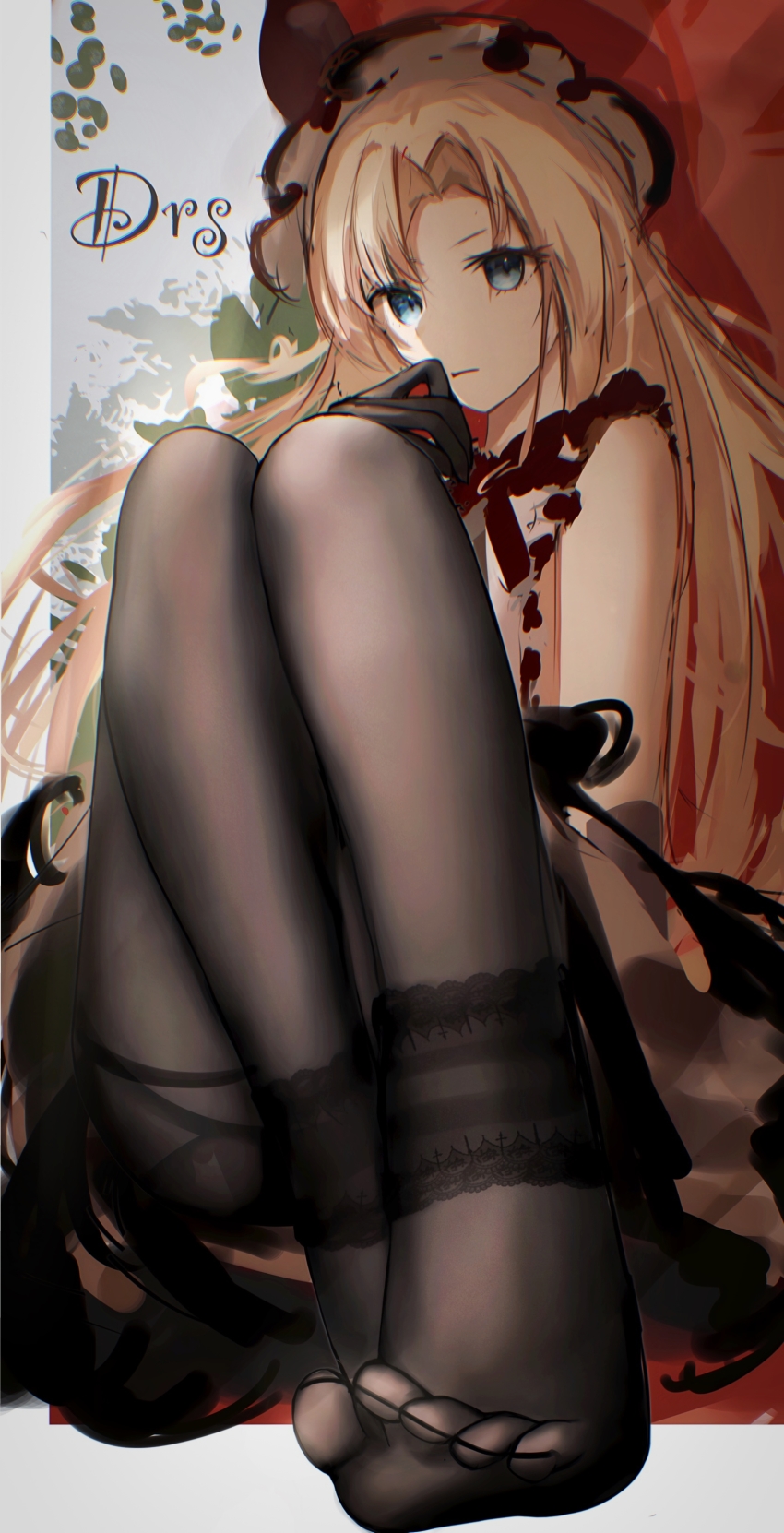 1girl, absurdres, ankle_strap, azur_lane, black_gloves, black_pantyhose, blonde_hair, blue_eyes, chromatic_aberration, dress, fan_(ariku), feet, foreshortening, full_body, gloves, highres, long_hair, looking_at_viewer, official_alternate_costume, pantyhose, sleeveless, sleeveless_dress, solo, vanguard_(azur_lane), vanguard_(half-hearted_masquerade)_(azur_lane)