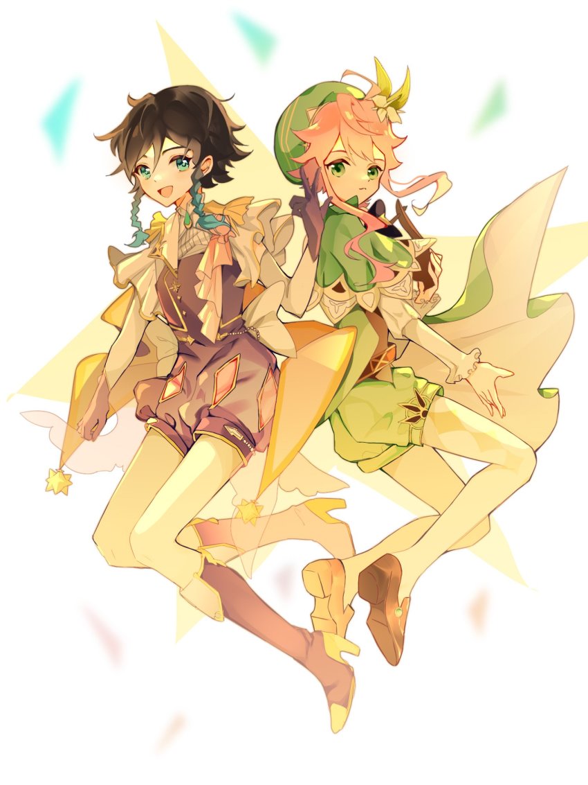 2boys, beret, black_hair, blue_eyes, boots, braid, brooch, brown_footwear