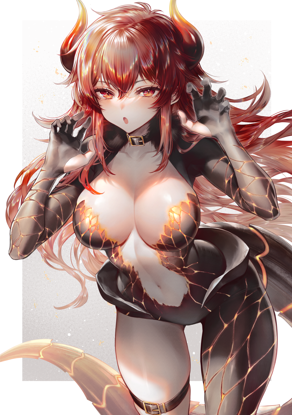 1girl, :o, black_collar, black_gloves, blush, bodysuit, border, breasts