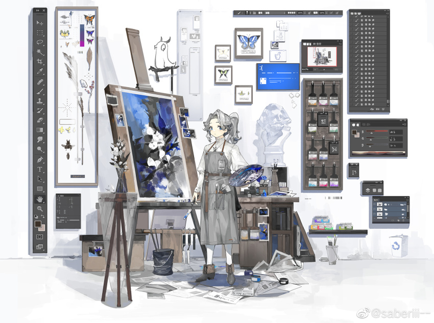 1girl, adobe_photoshop, apron, arrow_(symbol), art_brush, bird, blue_butterfly, blue_eyes