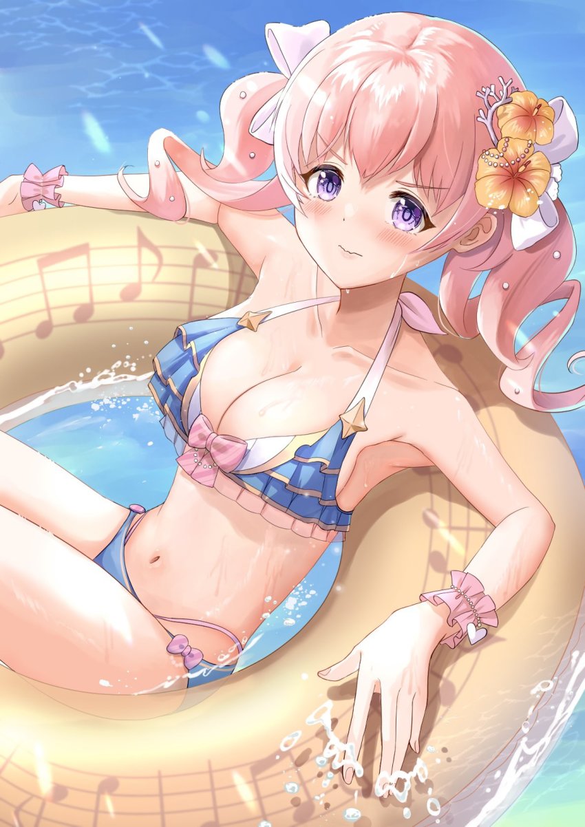 1girl, afloat, bikini, blue_bikini, blush, breasts, highres, nchan_gs, pink_hair, princess_connect!, purple_eyes, swimsuit, tsumugi_(princess_connect!), tsumugi_(summer)_(princess_connect!), twintails, water