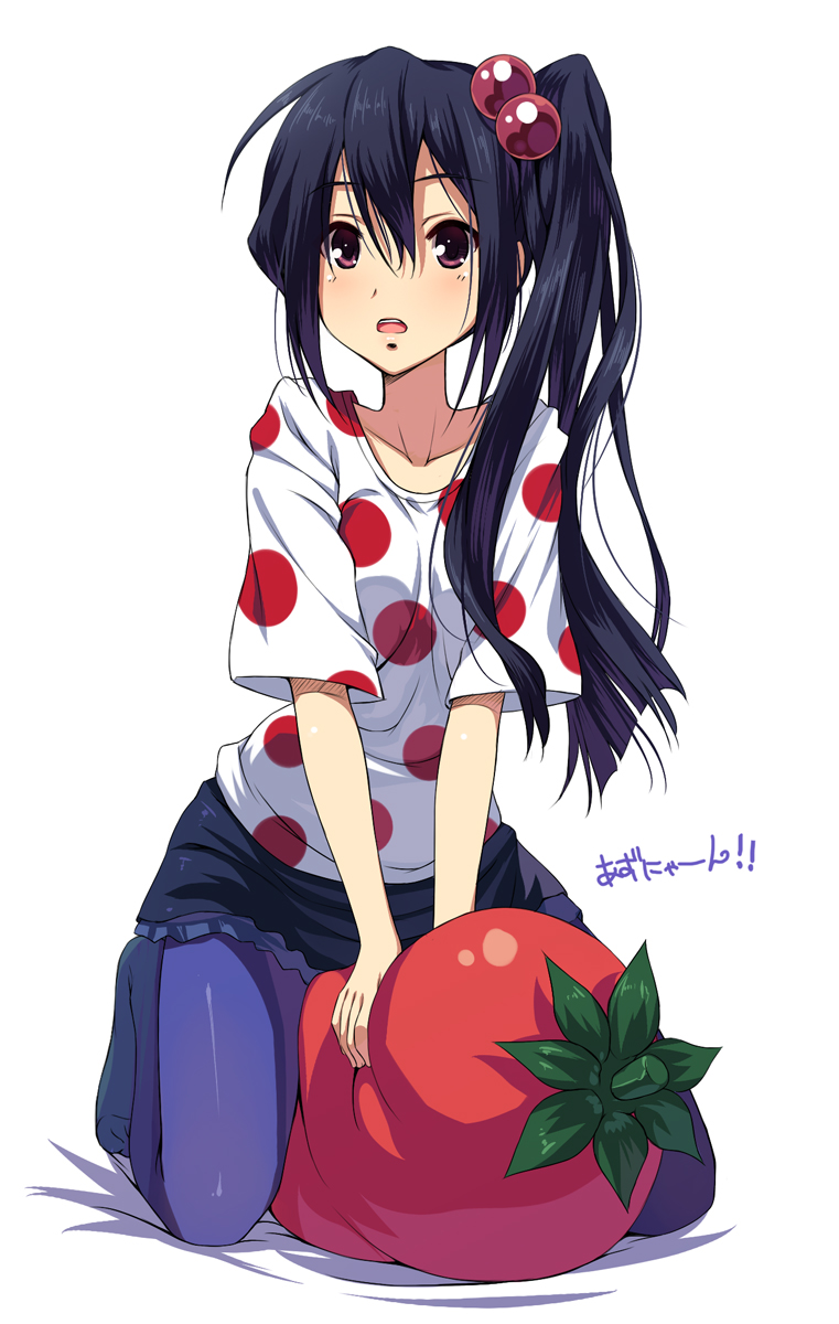 1girl, black_hair, black_skirt, blue_pantyhose, brown_eyes, casual, female_focus, food_pillow, hair_bobbles, hair_ornament, highres, k-on!, latex, listen!!, nakano_azusa, object_pillow, pantyhose, pillow, polka_dot, polka_dot_shirt, senji_(artist), senji_(tegone_spike), shirt, side_ponytail, sitting, skirt, solo, straddling, tomato, tomato_pillow