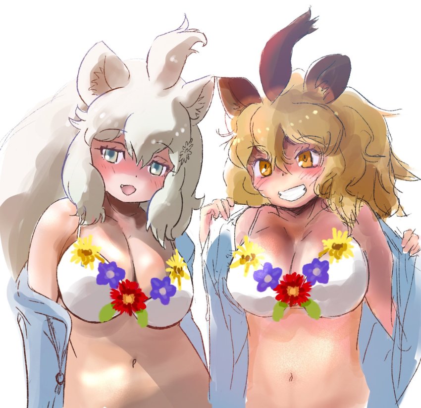 2girls, animal_ears, bare_shoulders, big_hair, bikini, blue_eyes, blue_jacket, blush