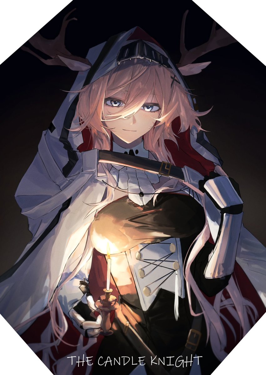 1girl, antlers, horns_through_headwear, arknights, black_background, black_dress, blonde_hair, breasts