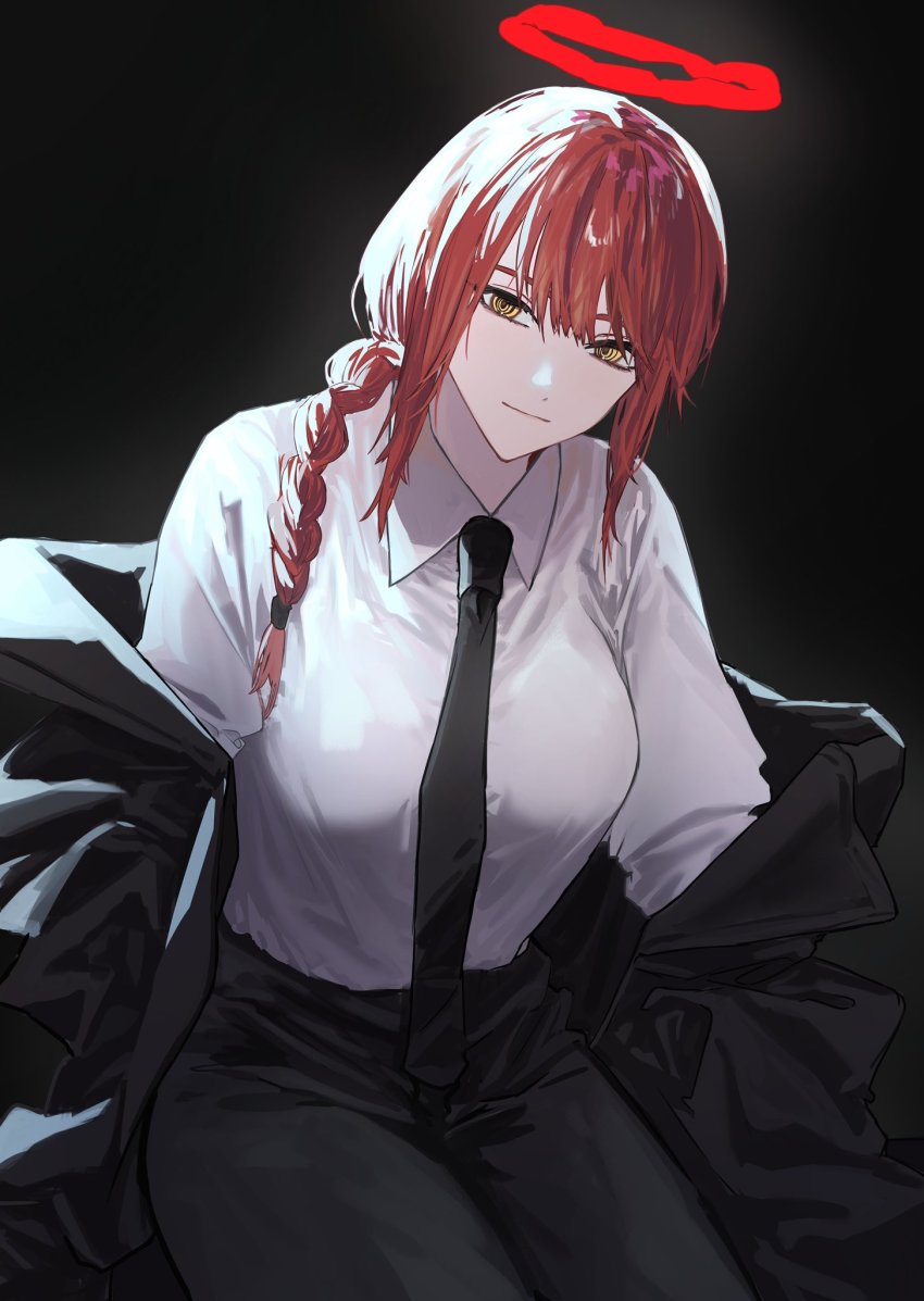 1girl, black_background, black_jacket, black_necktie, black_pants, black_suit, braid, braided_ponytail, breasts, chainsaw_man, closed_mouth, collared_shirt, commentary, cowboy_shot, dress_shirt, formal_clothes, hair_over_one_eye, halo, highres, hjm_matsukasa, jacket, light_smile, long_hair, looking_at_viewer, makima_(chainsaw_man), medium_breasts, necktie, off_shoulder, open_clothes, open_jacket, pants, red_hair, red_halo, ringed_eyes, shirt, shirt_tucked_in, sidelocks, simple_background, sitting, solo, suit, white_shirt, wing_collar, yellow_eyes