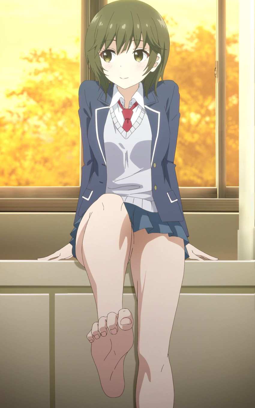 1girl, absurdres, anime_screenshot, blue_jacket, blue_skirt, blush, breasts, feet