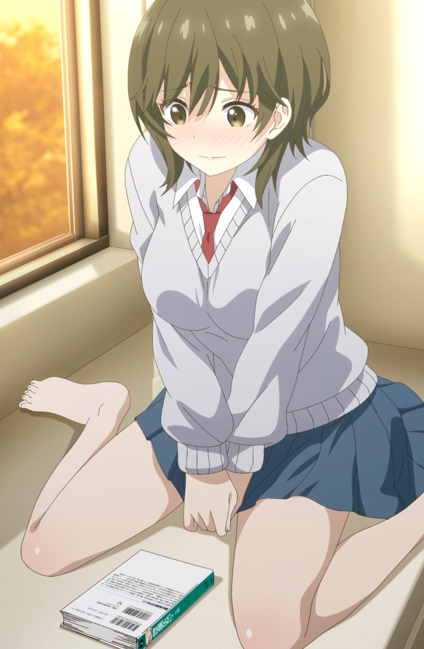 1girl, absurdres, anime_screenshot, blue_jacket, blue_skirt, blush, breasts, clothes_grab