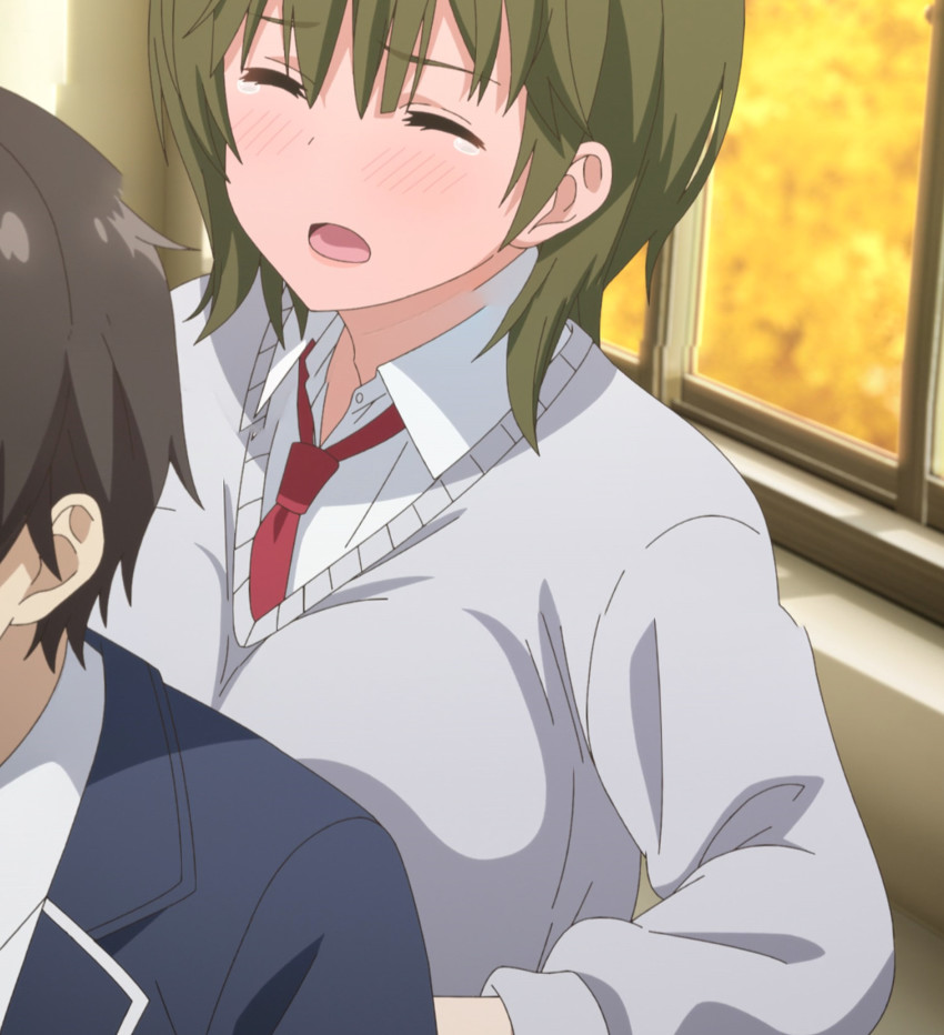 1boy, 1girl, anime_screenshot, blue_jacket, breast_press, breasts, breasts_on_another's_back, brown_hair, closed_eyes, green_hair, higashira_isana, highres, irido_mizuto, jacket, large_breasts, long_sleeves, mamahaha_no_tsurego_ga_moto_kano_datta, necktie, open_mouth, red_neckwear, school_uniform, shirt, short_hair, sidelocks, stitched, tears, third-party_edit, white_shirt