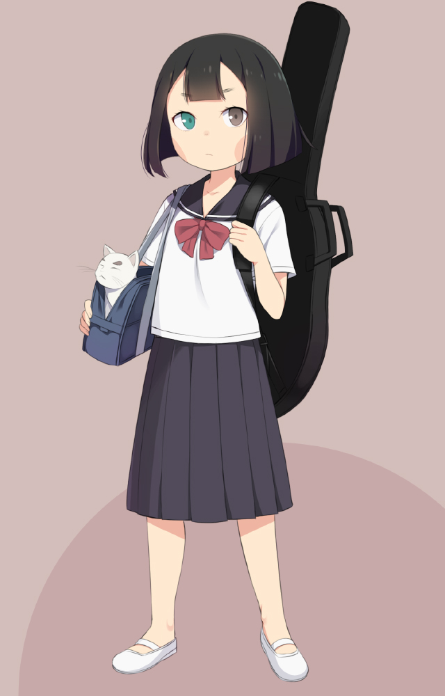1girl, bag, biwa_(heike_monogatari), black_hair, bow, bowtie, brown_background, cat