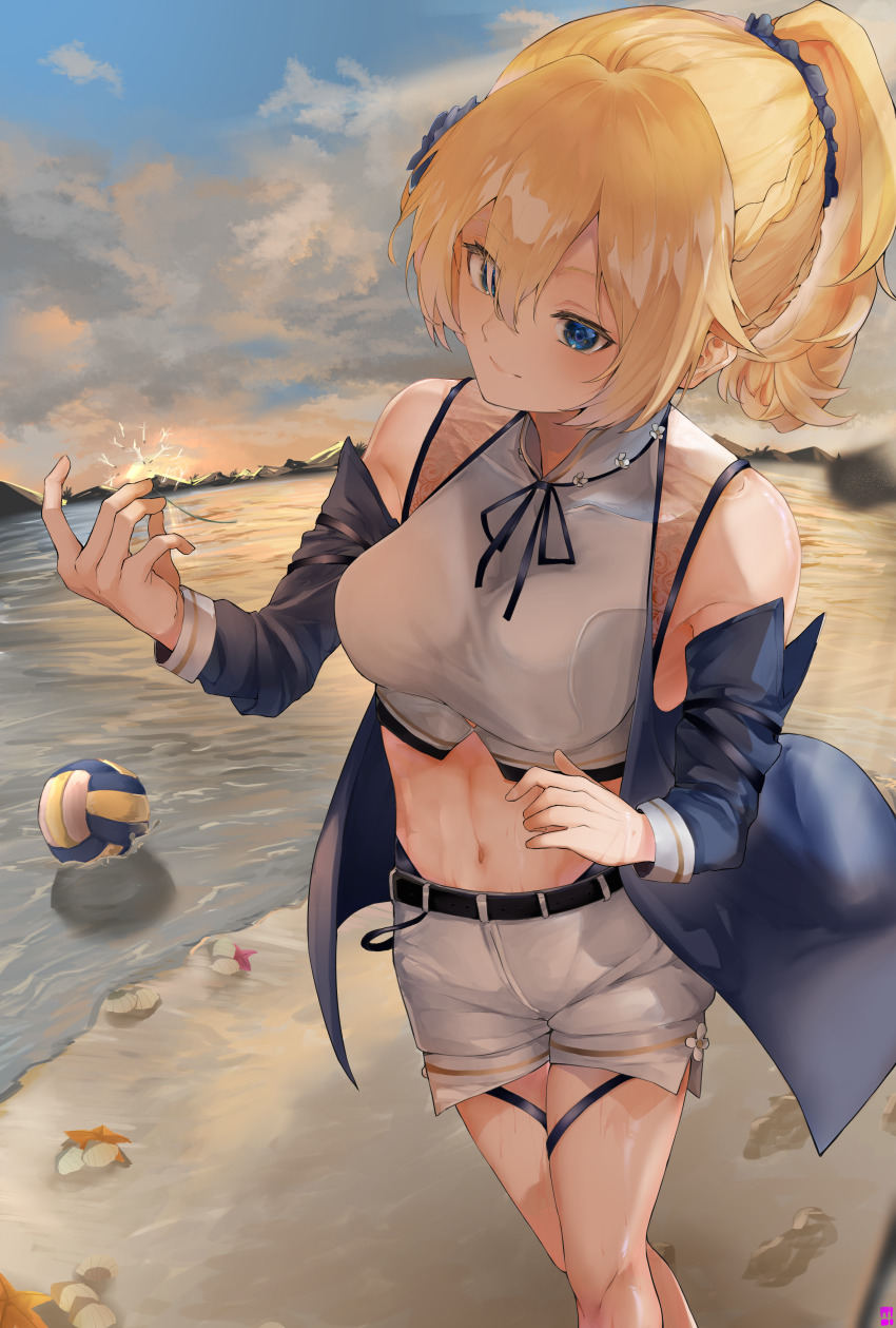 1girl, absurdres, beach, beach_volleyball, blonde_hair, blue_eyes, blue_flower, blue_scrunchie, braid, breasts, closed_mouth, cloud, crop_top, dandelion, flower, footprints, genshin_impact, hair_flower, hair_ornament, hair_scrunchie, half_up_braid, highres, holding, jean_(genshin_impact), konbunyas, large_breasts, long_hair, navel, ocean, ponytail, scrunchie, seashell, shell, shirt, shorts, sky, sleeveless, sleeveless_shirt, smile, solo, walking, wet, white_shirt, white_shorts