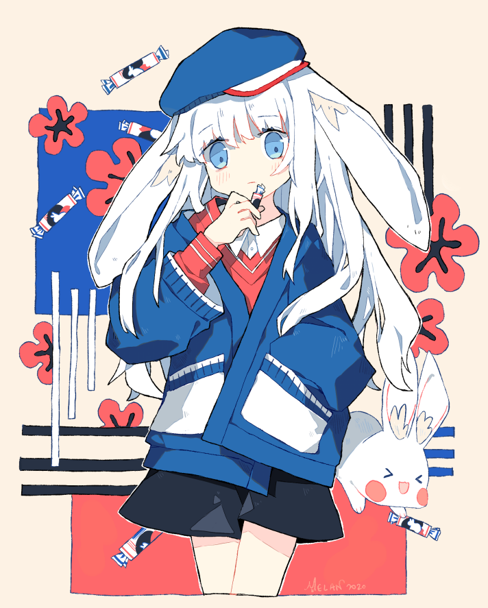 >_<, 1girl, :d, animal_ear_fluff, animal_ears, black_skirt, blue_eyes, blue_hat