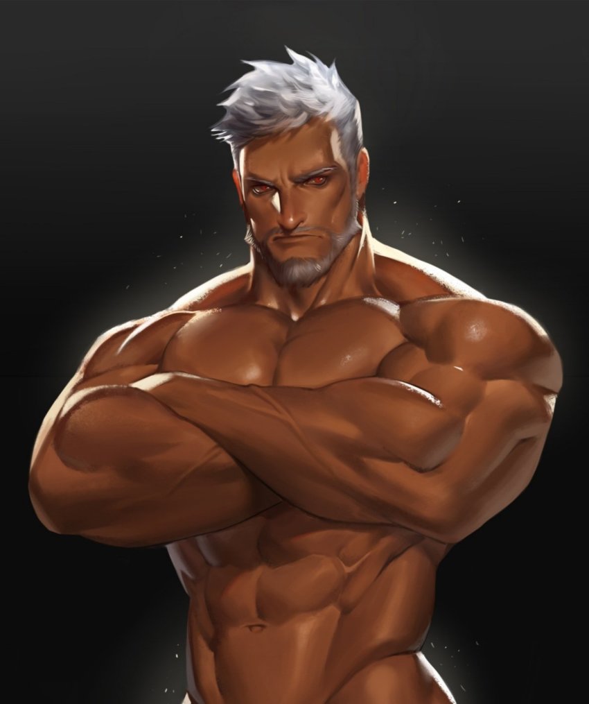 1boy, abs, bara, bare_pectorals, beard, black_background, character_request, chest_hair