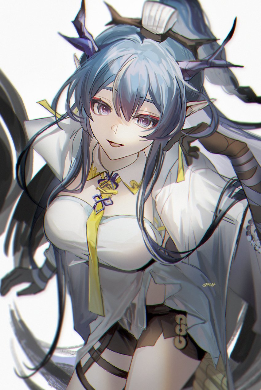 1girl, arknights, arm_tattoo, arm_wrap, black_shorts, black_skin, blue_eyes, blue_hair