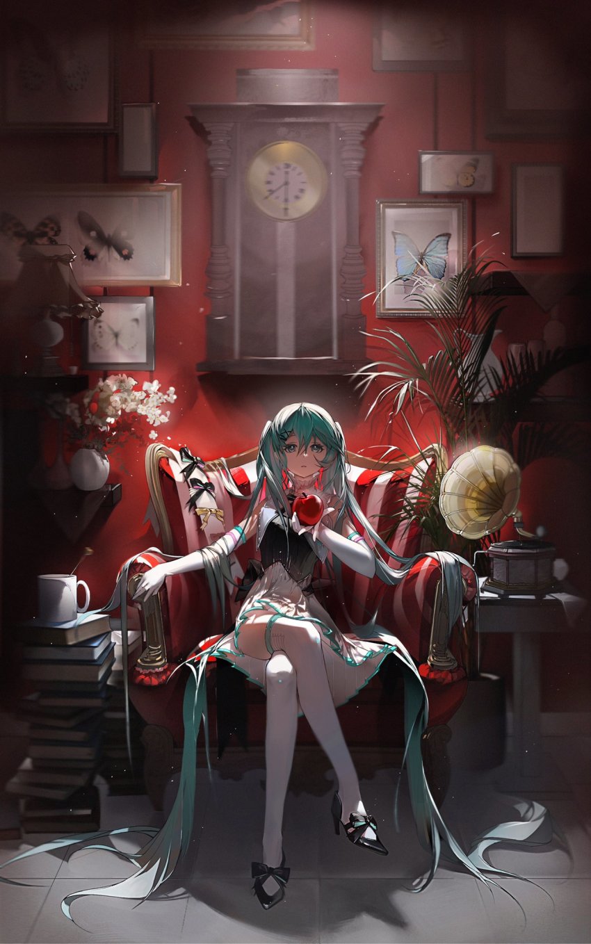 1girl, analog_clock, apple, aqua_eyes, aqua_hair, blue_eyes, breasts, chair, clock, creature, cup, food, fruit, hatsune_miku, headset, highres, holding, holding_food, holding_fruit, indoors, long_hair, looking_at_viewer, mug, phonograph, plant, potted_plant, shikakrosho, sitting, solo, stuffed_animal, stuffed_toy, taxidermy, thighhighs, tile_floor, tiles, twintails, vocaloid, wall_clock, white_thighhighs