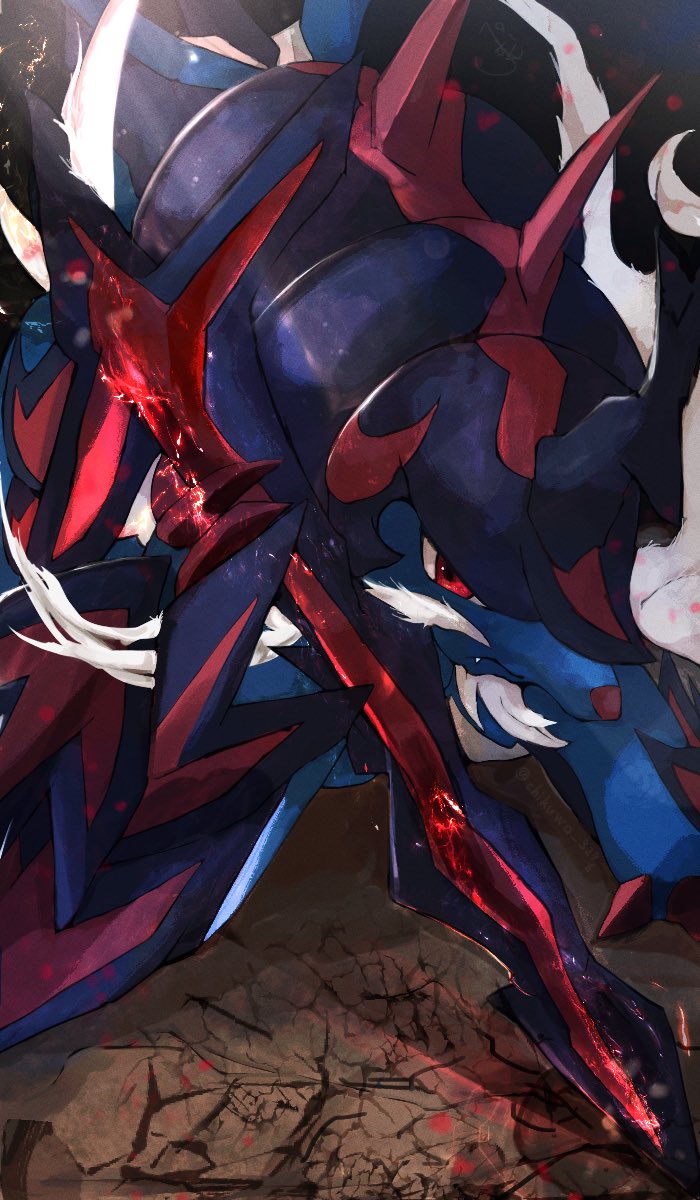 commentary_request, crack, cracked_floor, highres, hisuian_samurott, holding, holding_sword, holding_weapon, looking_down, nintendo, no_humans, pemuchi_(chikuwa_3296), pokemon, pokemon_(creature), red_eyes, spikes, sword, weapon, white_hair