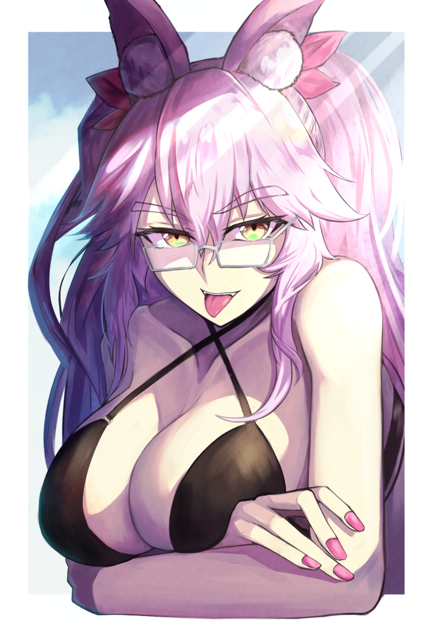 1girl, animal_ears, bikini, black_bikini, breasts, crossed_arms, fate/grand_order, fate_(series)