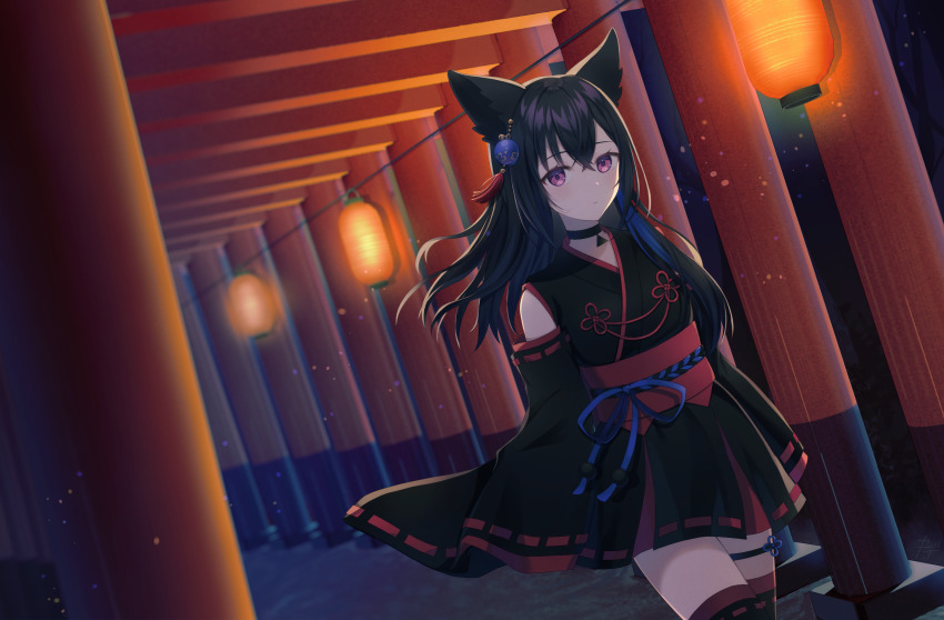 1girl, absurdres, animal_ears, black_choker, black_hair, black_kimono, black_thighhighs, blue_hair