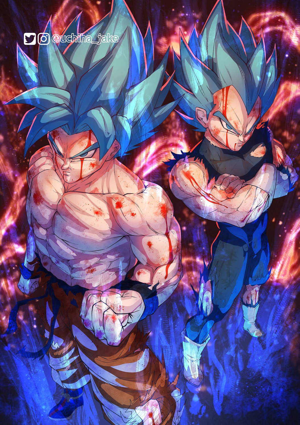 2boys, abs, artist_name, aura, baggy_pants, belt, biceps, blood, blood_on_face, blue_eyes, boots, clenched_hands, crossed_arms, cuffs, dirty, dirty_face, dragon_ball, dragon_ball_super, highres, long_hair, looking_at_viewer, looking_up, male_focus, mature_male, multiple_boys, muscular, muscular_arms, muscular_male, pants, pectorals, shackles, shirt, sleeveless, son_goku, spiked_hair, thick_eyebrows, tight_clothes, torn_clothes, twitter_username, uchiha_jake, vegeta