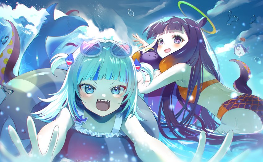 2girls, ass, bikini, bloop_(gawr_gura), blue_bikini, blue_eyes, blue_hair, blue_sky