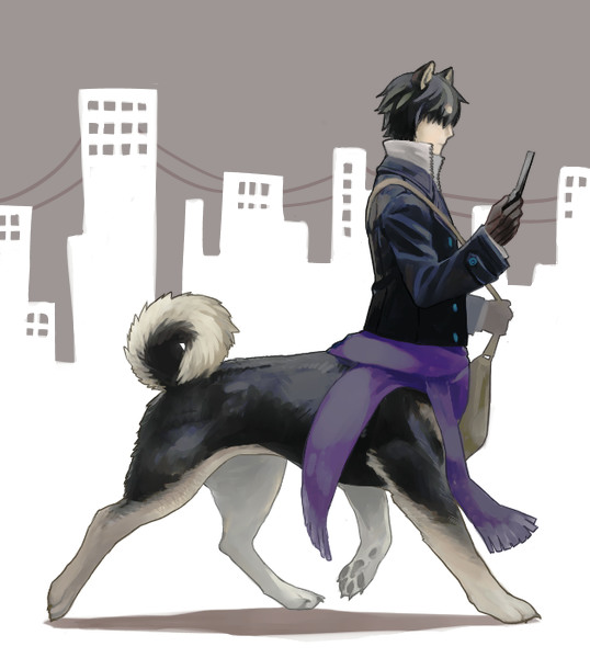 1boy, animal_ears, bag, black_fur, black_gloves, black_hair, black_jacket, brown_fur