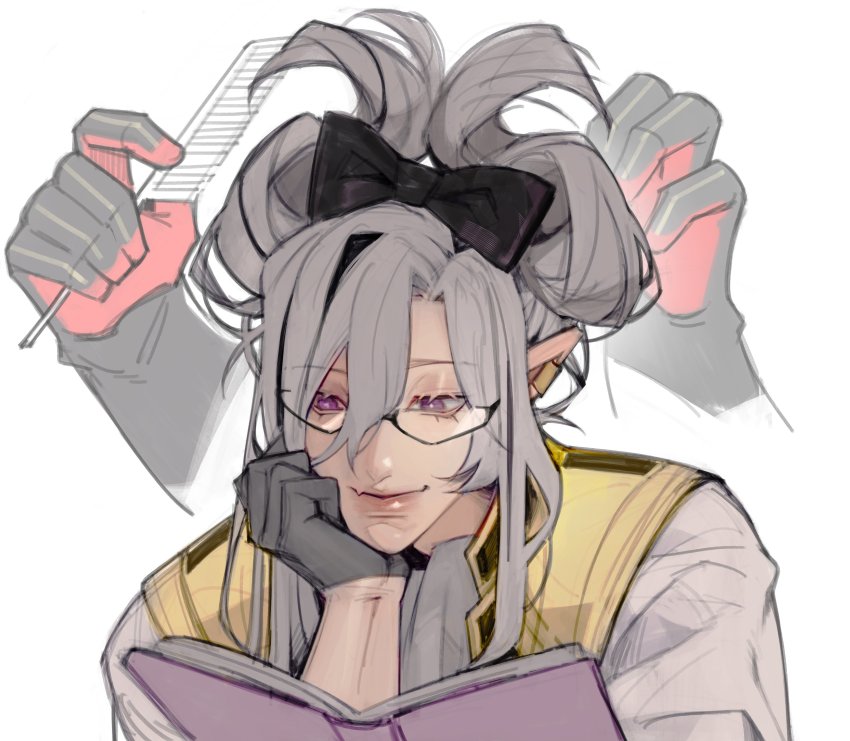 2boys, absurdres, black_bow, book, borrowed_hairstyle, bow, cinnamiku_hairstyle, comb, fang, glasses, grey_hair, hair_bow, hair_rings, hairdressing, highres, holostars, holostars_english, holotempus, long_hair, magni_dezmond, male_focus, multiple_boys, nnes_98, noir_vesper, pointy_ears, purple_eyes, reading, shirt, skin_fang, updo, vest, virtual_youtuber, white_shirt, yellow_vest