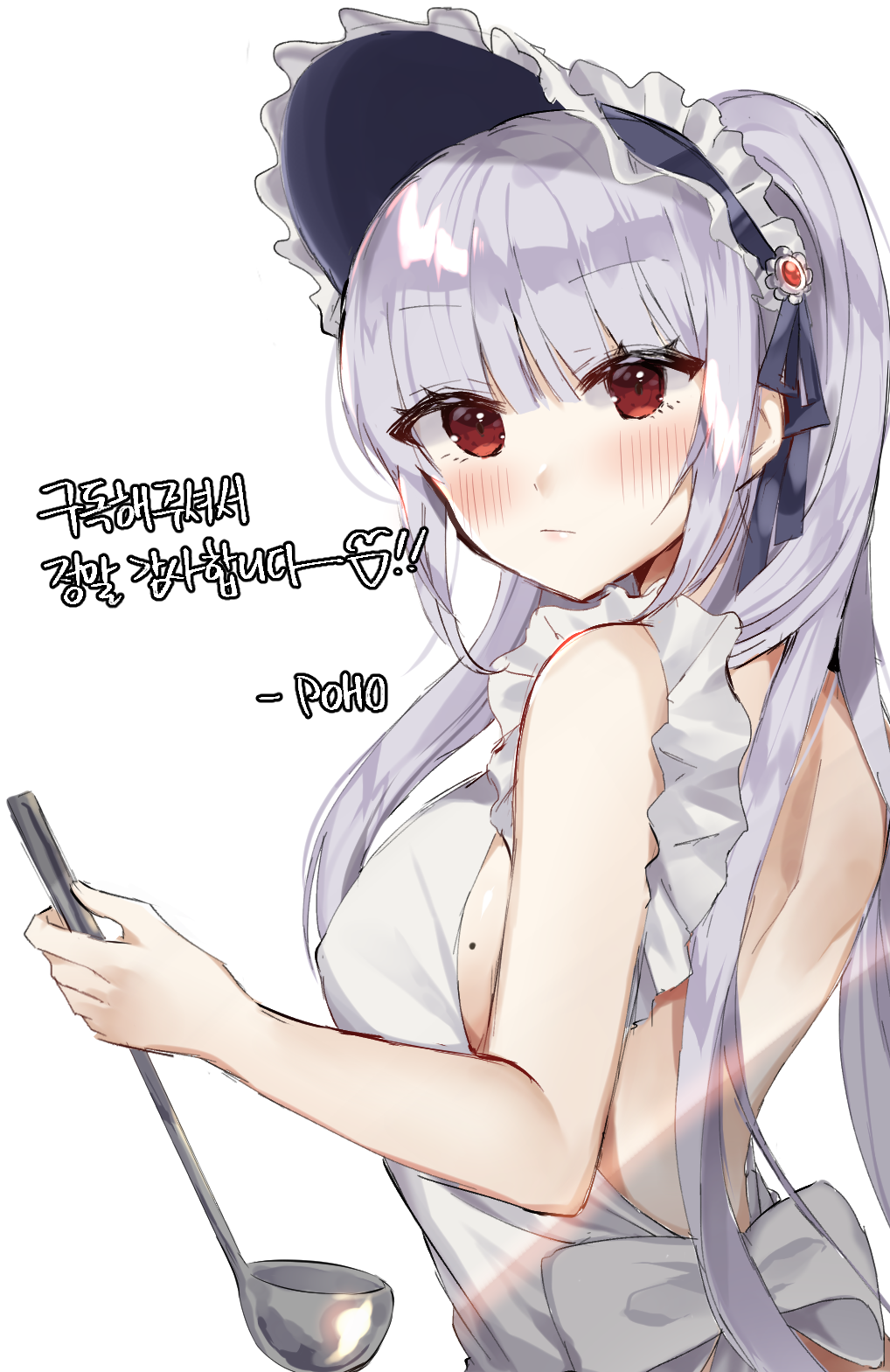 1girl, apron, bare_back, blush, breasts, closed_mouth, cooking, dolechan