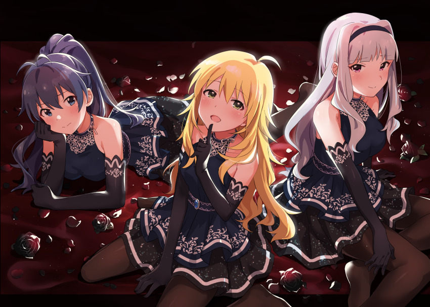 3girls, ahoge, antenna_hair, bare_shoulders, black_dress, black_flower, black_gloves, black_hair