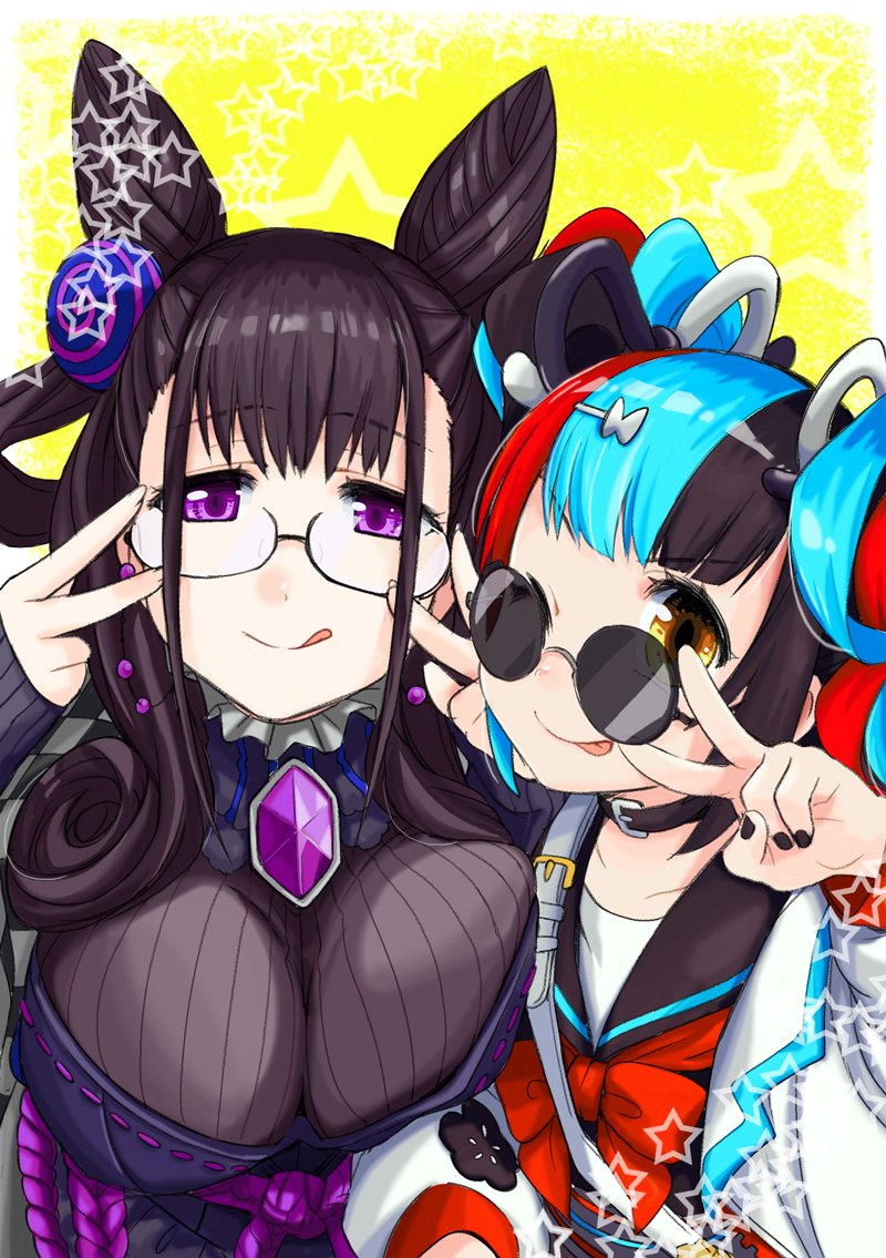 2girls, :q, ;q, bag, belt_collar, black_collar, black_dress, black_hair, black_nails, black_serafuku, blue_hair, border, bow, bowtie, breast_press, breasts, brooch, cleavage, collar, cone_hair_bun, double_bun, double_v, dress, earrings, fate/grand_order, fate_(series), gem, glasses, hair_bun, hair_ornament, hair_ribbon, hairclip, haretaka, jacket, jewelry, large_breasts, long_hair, long_sleeves, looking_at_viewer, multicolored_hair, multiple_girls, murasaki_shikibu_(fate), murasaki_shikibu_(second_ascension)_(fate), nail_polish, one_eye_closed, outside_border, purple_eyes, purple_gem, red_bow, red_bowtie, red_hair, ribbon, rope_belt, school_uniform, sei_shounagon_(fate), sei_shounagon_(first_ascension)_(fate), semi-rimless_eyewear, serafuku, shoulder_bag, sleeves_past_wrists, star_(symbol), star_symbol_background, sunglasses, tongue, tongue_out, twintails, upper_body, v, white_border, white_jacket, yellow_background, yellow_eyes