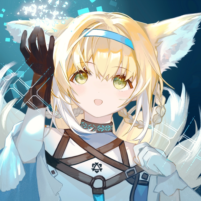 1girl, :d, animal_ear_fluff, animal_ears, annnnq, arknights, arm_up, bare_shoulders
