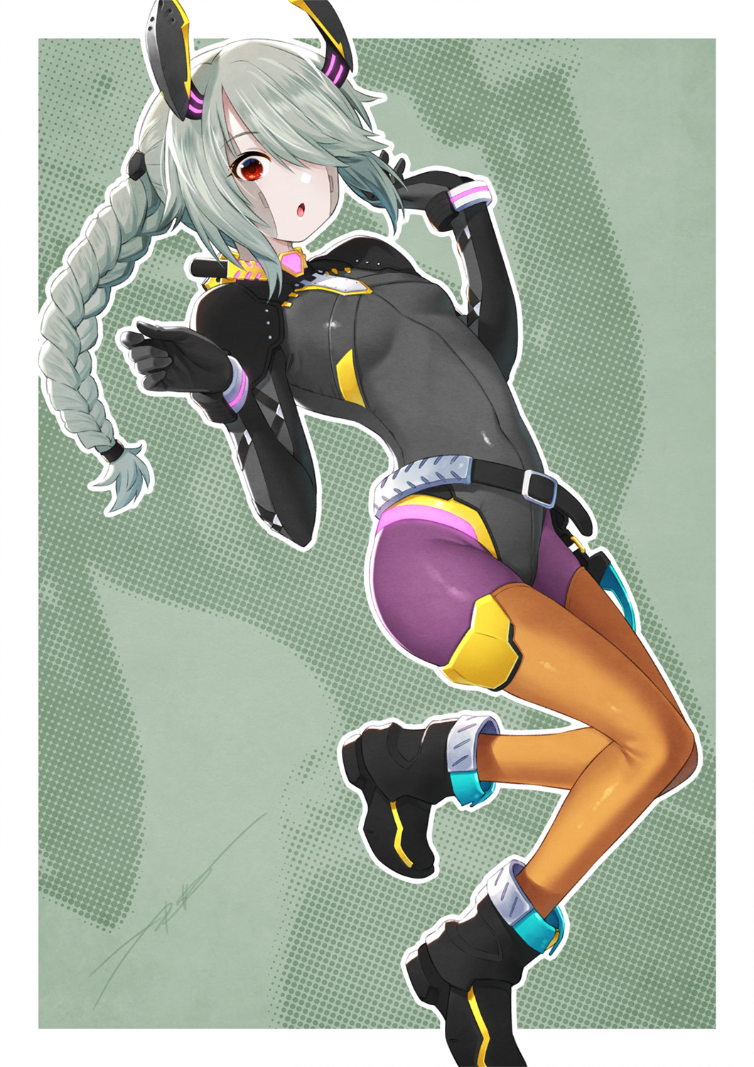 1girl, :o, belt, black_boots, black_leotard, bodysuit, bodysuit_under_clothes, boots