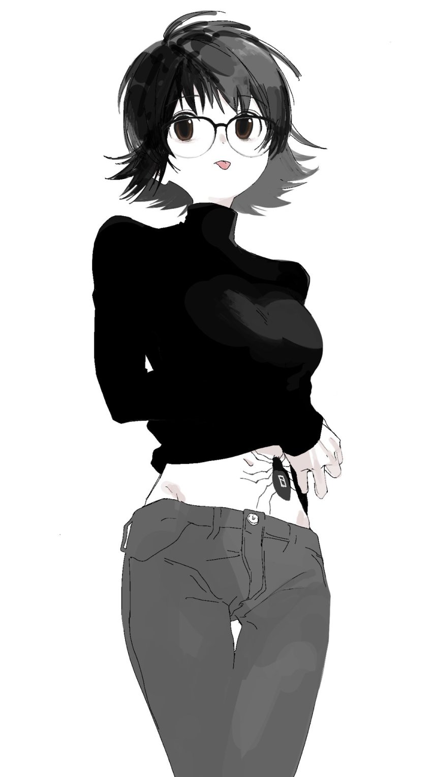 1girl, black-framed_eyewear, black_hair, black_sweater, breasts, brown_eyes, glasses, grey_pants