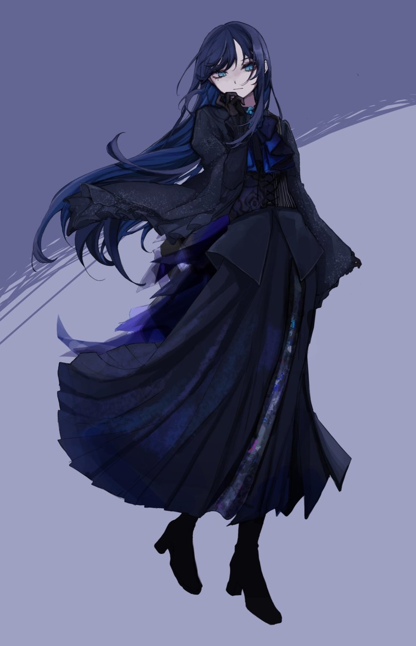 1girl, ado_(utaite), black_dress, black_footwear, black_gloves, blue_eyes, blue_hair, brooch