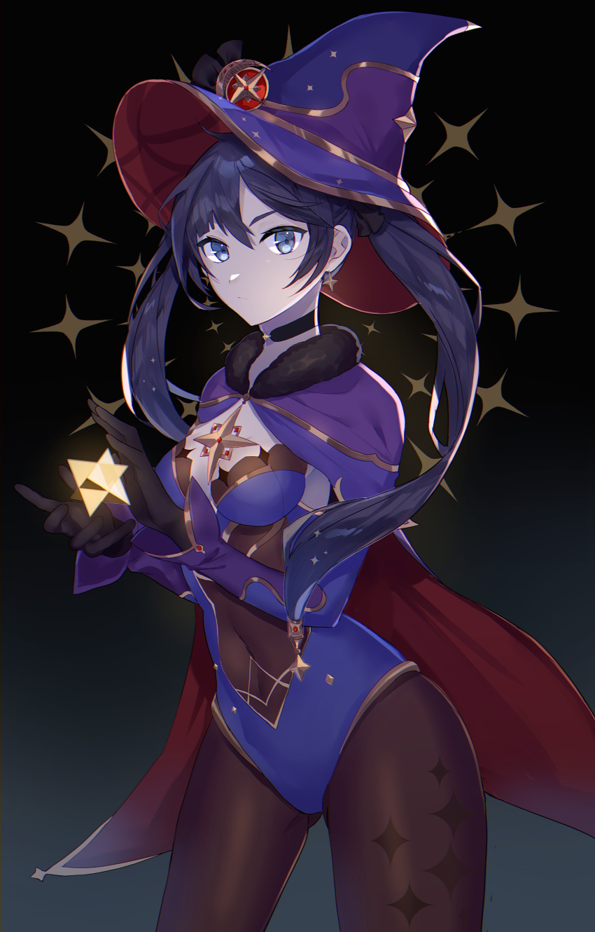 1girl, absurdres, black_background, black_bodysuit, black_choker, black_gloves, blue_eyes, blue_hat