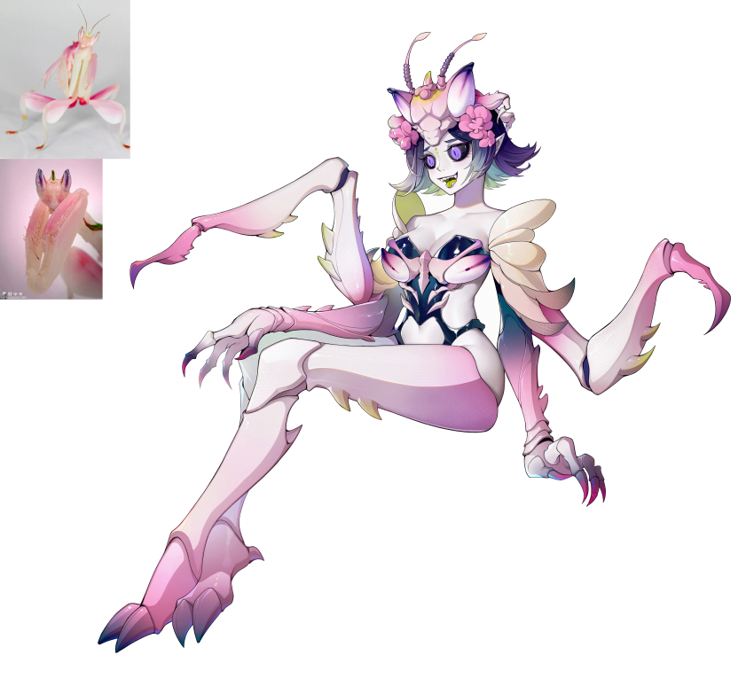 1girl, absurdres, antennae, arthropod_girl, arthropod_limbs, bare_shoulders, black_sclera, blue_hair