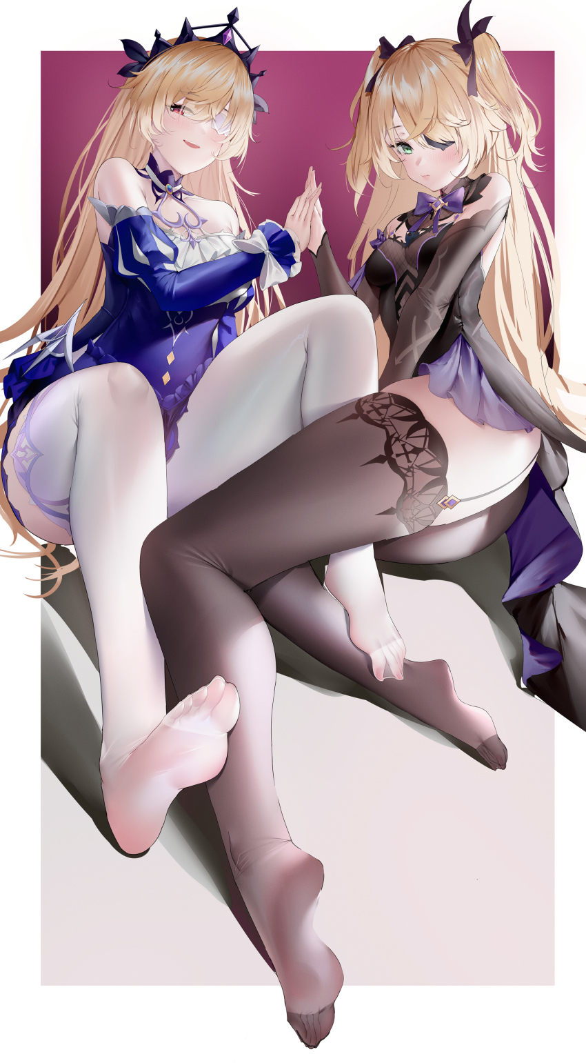 absurdres, black_dress, black_pantyhose, black_ribbon, black_sleeves, black_thighhighs, blonde_hair, blue_dress