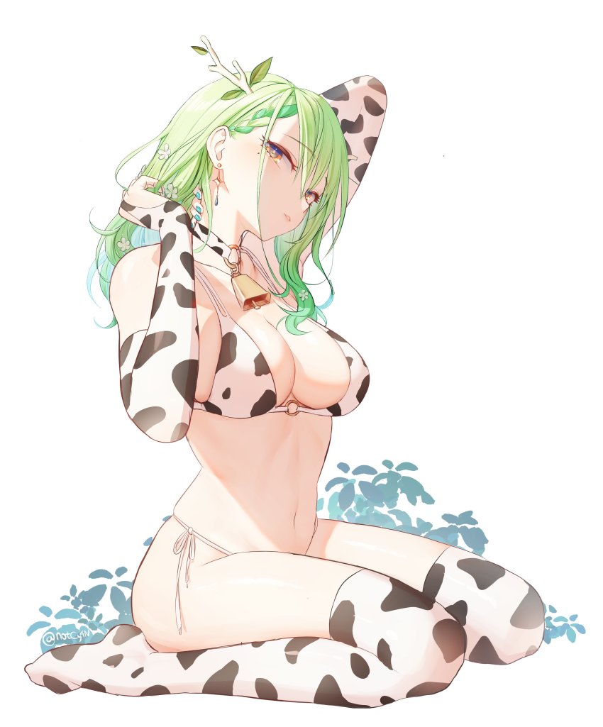 1girl, absurdres, animal_print, antlers, bell, bikini, braid, braided_bangs