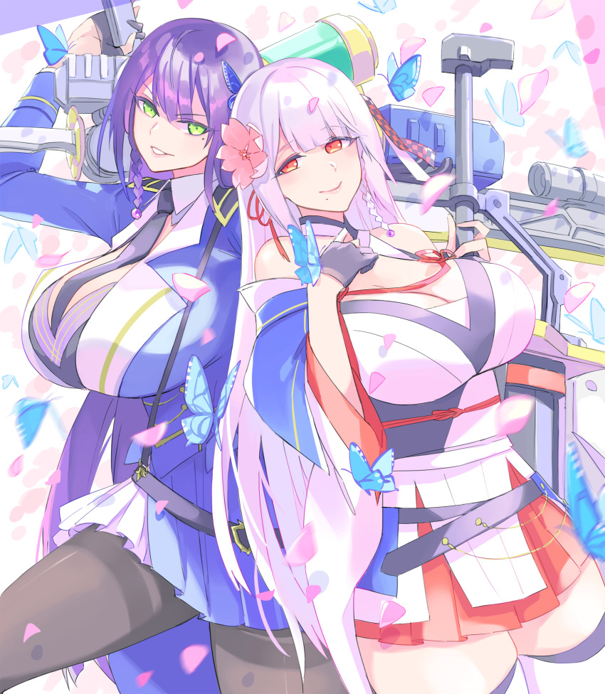 2girls, arm_up, assault_lily, bare_shoulders, belt, black_belt, black_gloves, black_necktie