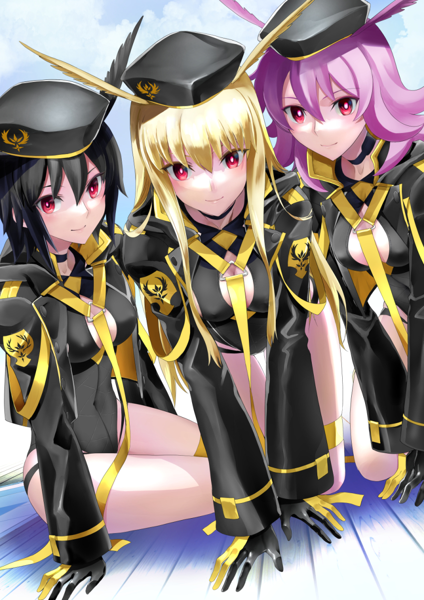 3girls, beret, black_hair, black_headwear, black_jacket, black_leotard, black_one-piece_swimsuit, blonde_hair